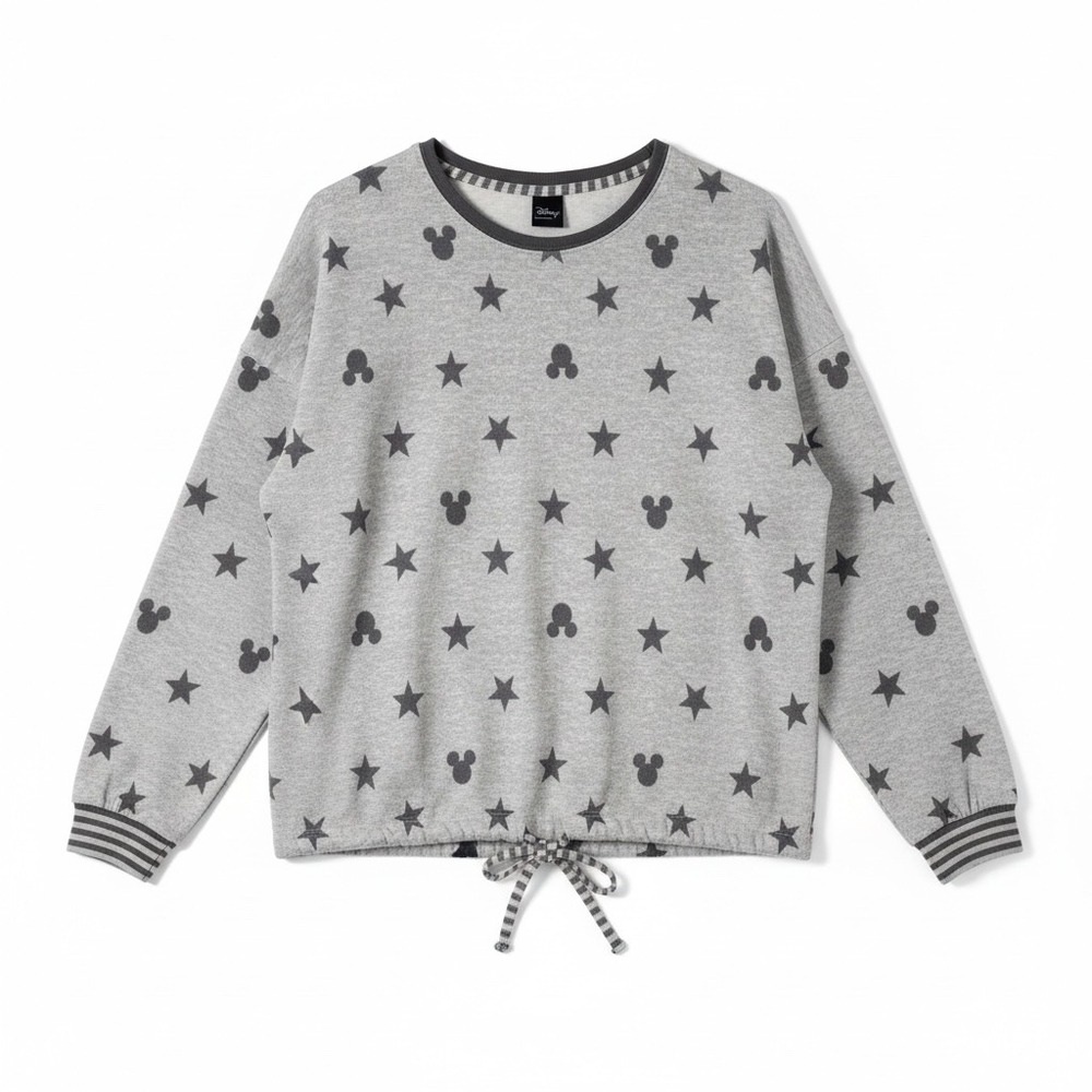 Disney Mickey Mouse Star Print Pullover Sweatshirt Drawstring Hem Gray Large‎